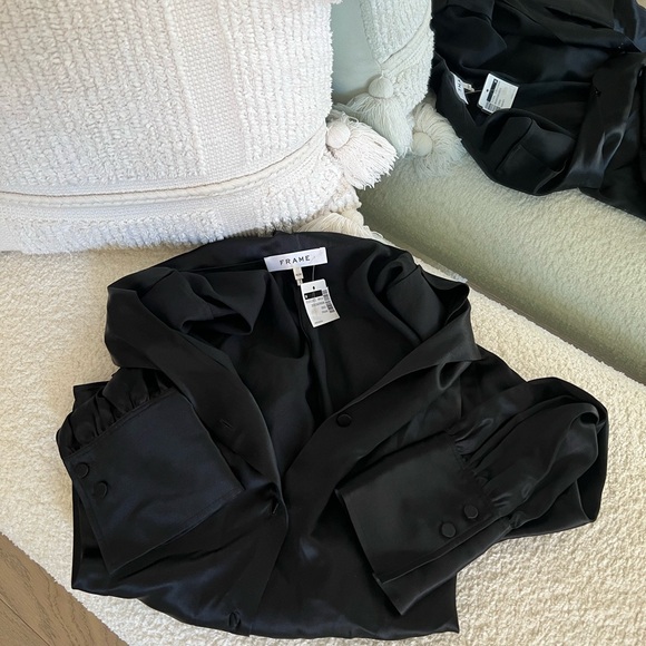 Frame Denim Jackets & Blazers - Frame Black Satin Button Down Blouse